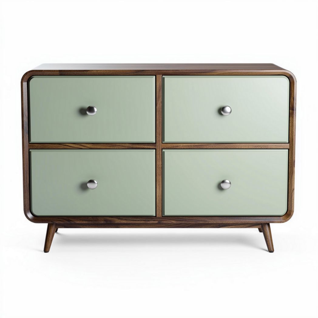 Wooden storage cabinet with four drawers in green and walnut finish 90 x 45 x 75cm