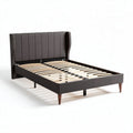 Upholstered platform bed frame with wooden slats and headboard in dark gray 200 x 160 x 100cm