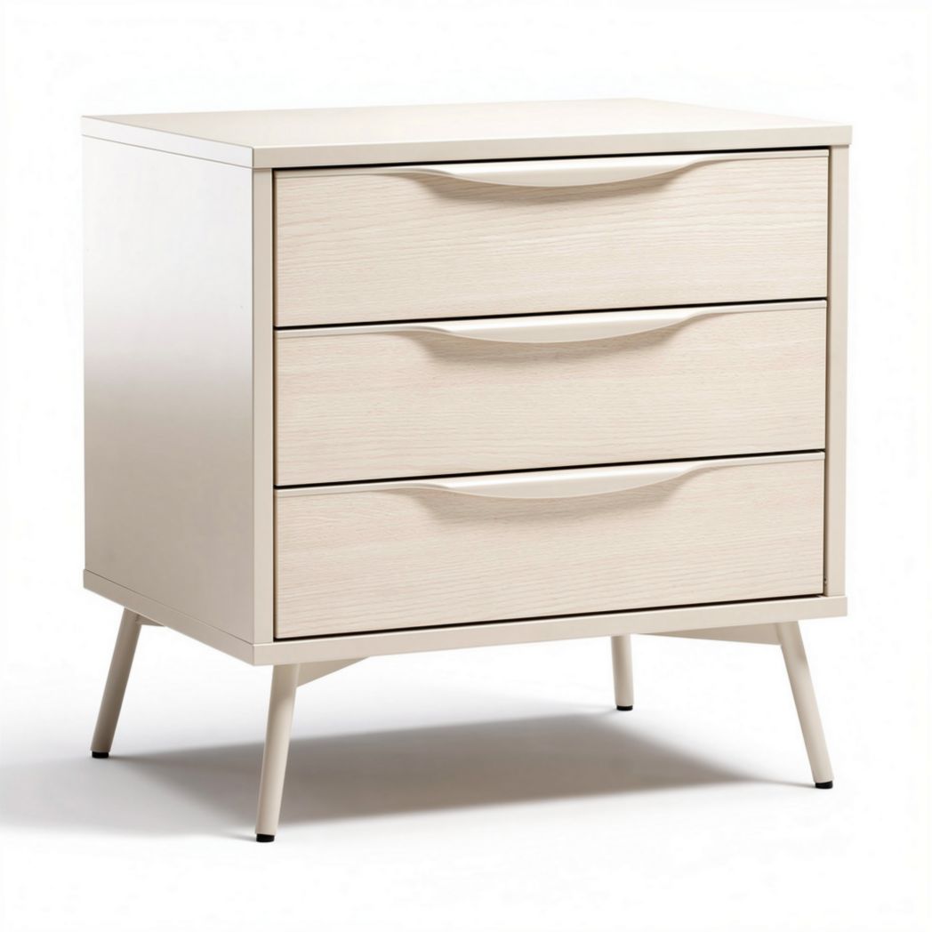 Three-drawer nightstand in white wood finish with metal legs 50 x 40 x 60cm