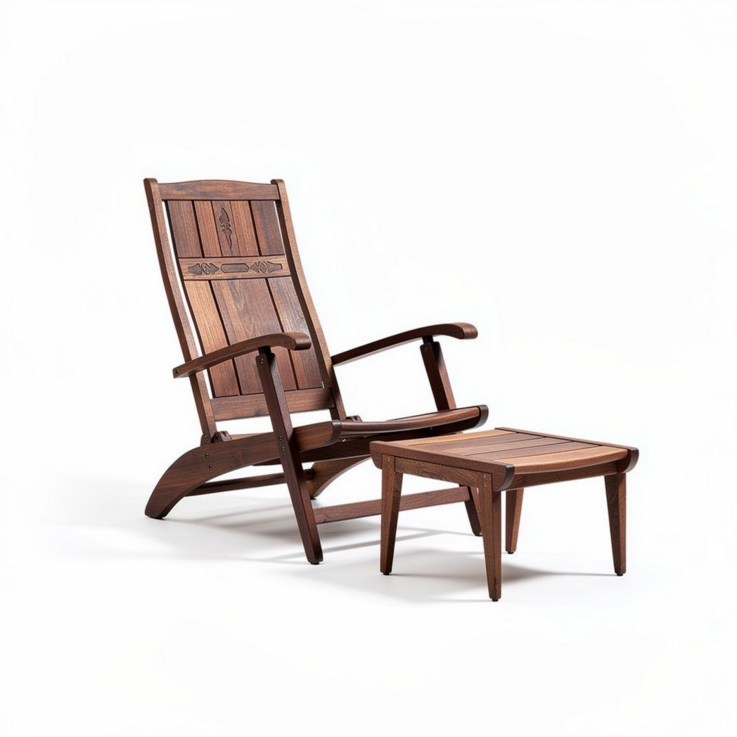 Wooden reclining chair with side table in brown finish for indoor use