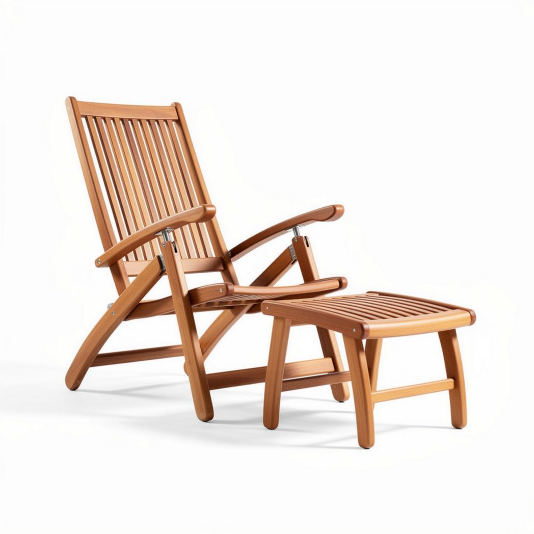 Wooden recliner chair with matching footrest for outdoor use