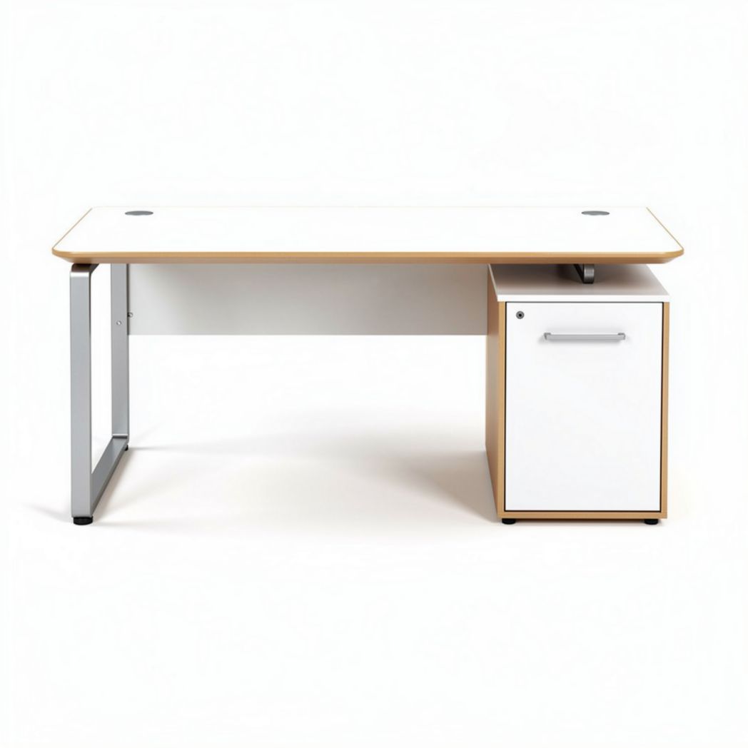 White modern desk with drawer and steel legs 140 x 70 x 75cm for office use