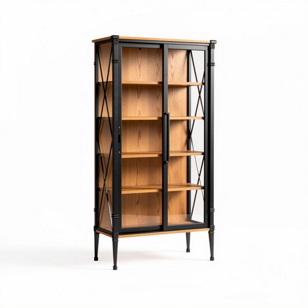 Glass door storage cabinet with wooden shelves and black metal frame 60 x 40 x 180cm